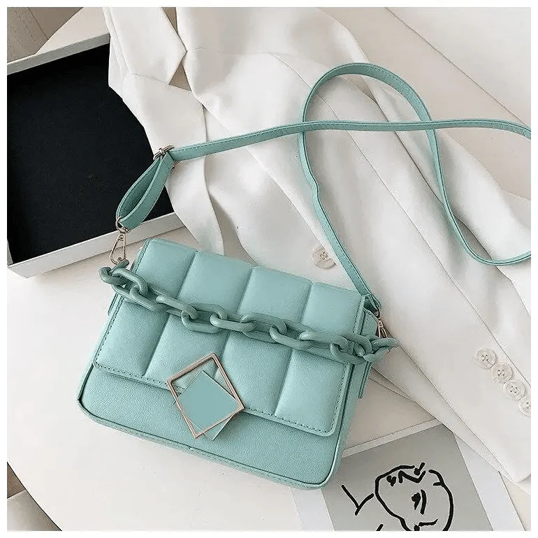 Shoulder bag Stevvex turquoise quilted with chain accent and square clasp on Tampa Home & Garden Store