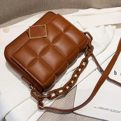 Stevvex shoulder bag brown quilted leather with chunky chain strap cross-body style on Tampa Home & Garden Store