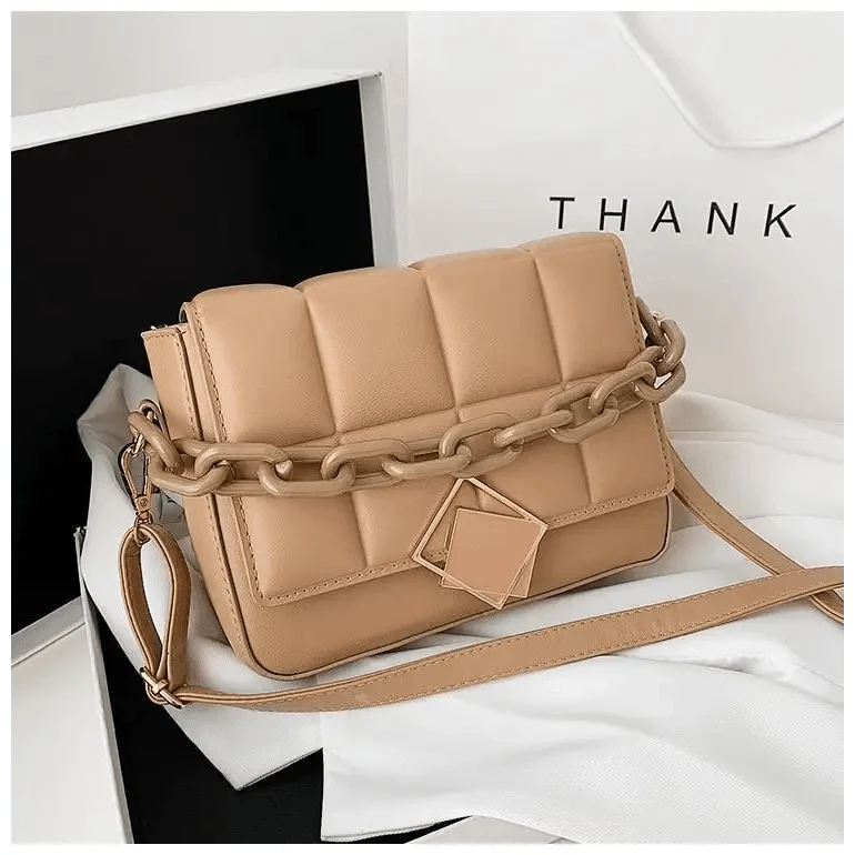 Stevvex quilted beige women's shoulder bag with chunky chain strap and square charm on Tampa Home & Garden Store