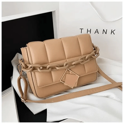 Stevvex quilted beige women's shoulder bag with chunky chain strap and square charm on Tampa Home & Garden Store