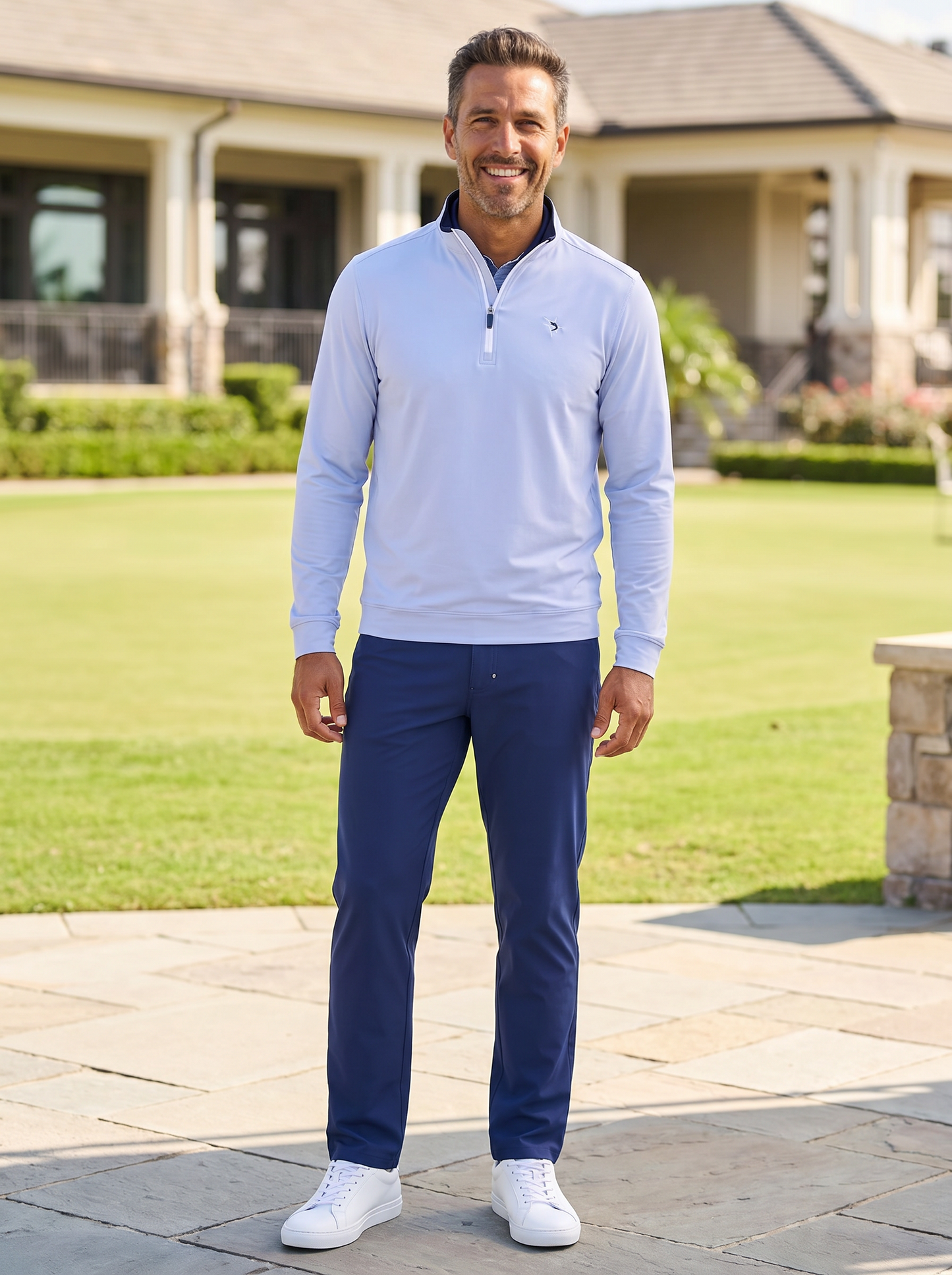 Long Beach Quarter Zip top light blue with navy zip White Water Life logo on chest on Tampa Home & Garden Store