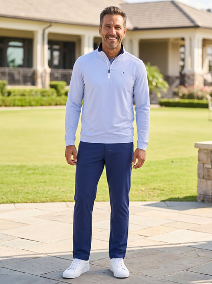 Long Beach Quarter Zip top light blue with navy zip White Water Life logo on chest on Tampa Home & Garden Store