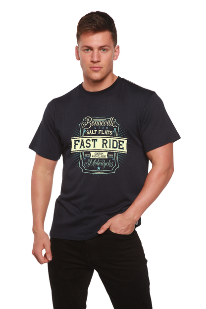 Men's graphic T-shirt Fast Ride by Spun Bamboo, navy short sleeve with vintage motorcycle print on Tampa Home & Garden Store
