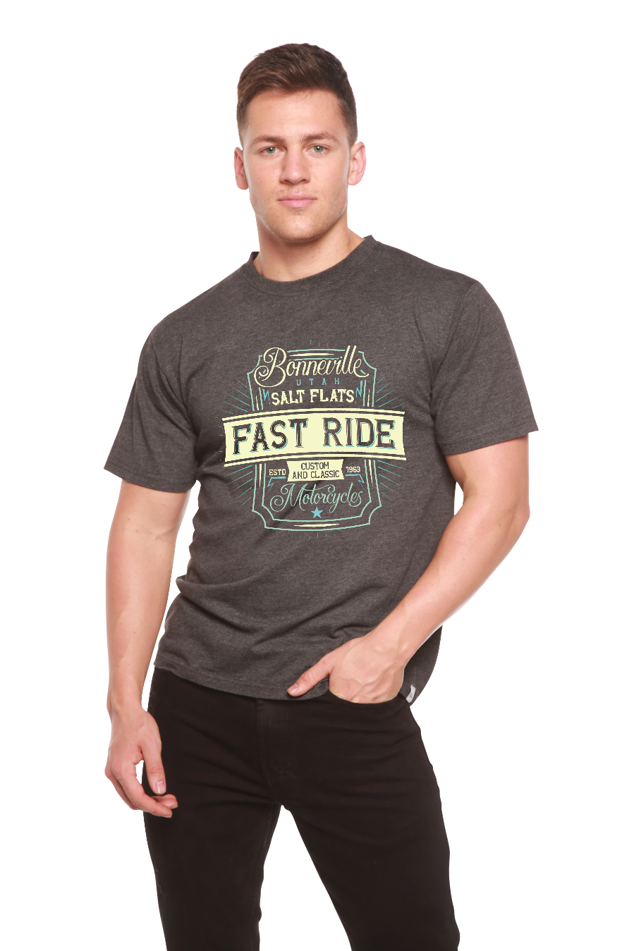 Fast Ride men's bamboo viscose blend graphic T-shirt charcoal with teal print by Spun Bamboo on Tampa Home & Garden Store