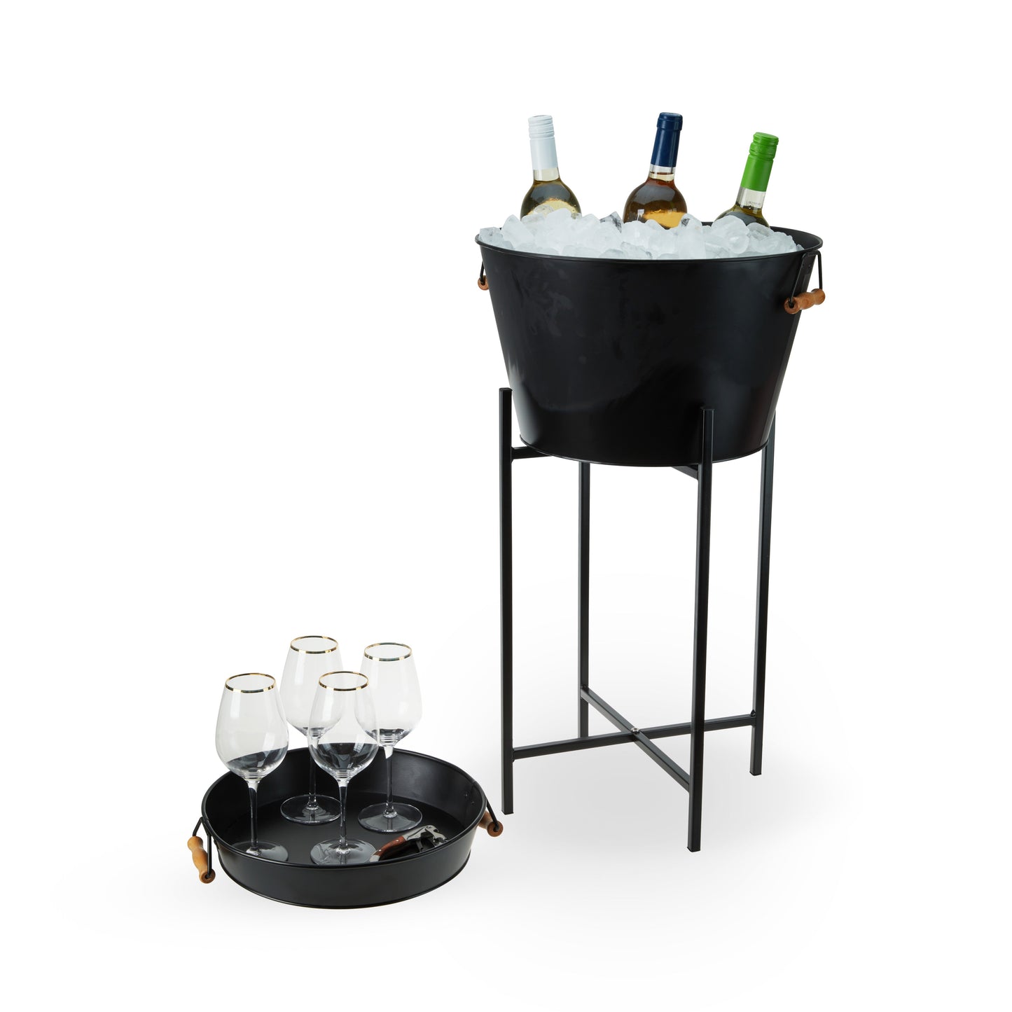 Black Beverage Ice Bucket with Tray and Stand