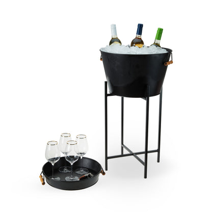 Black Beverage Ice Bucket with Tray and Stand