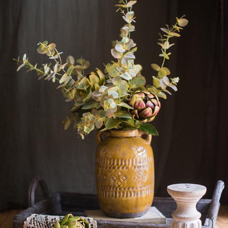 Faux Leaf Autumn Eucalyptus Artificial Stem by RusticReach in a mustard ceramic vase on Tampa Home & Garden Store