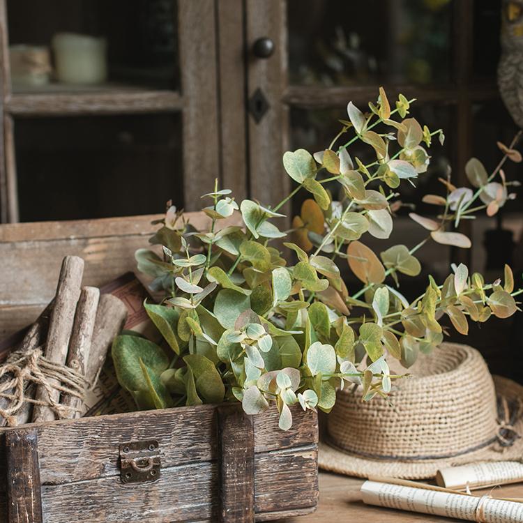 Faux Leaf Autumn Eucalyptus artificial stem by RusticReach in a weathered wooden crate on Tampa Home & Garden Store