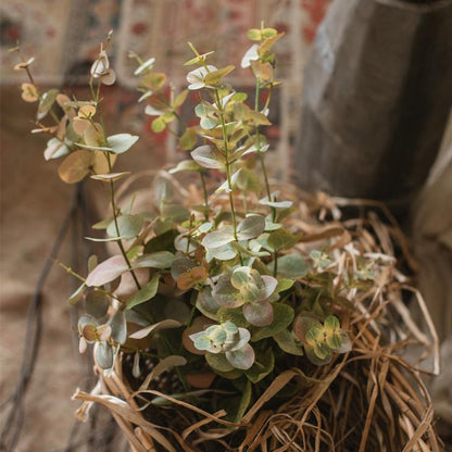 Faux Leaf Autumn Eucalyptus Stem RusticReach with green leaves in a wicker basket on Tampa Home & Garden Store