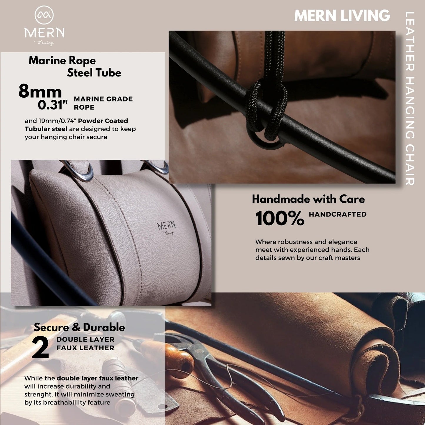 Silla colgante redonda de piel sintética marrón