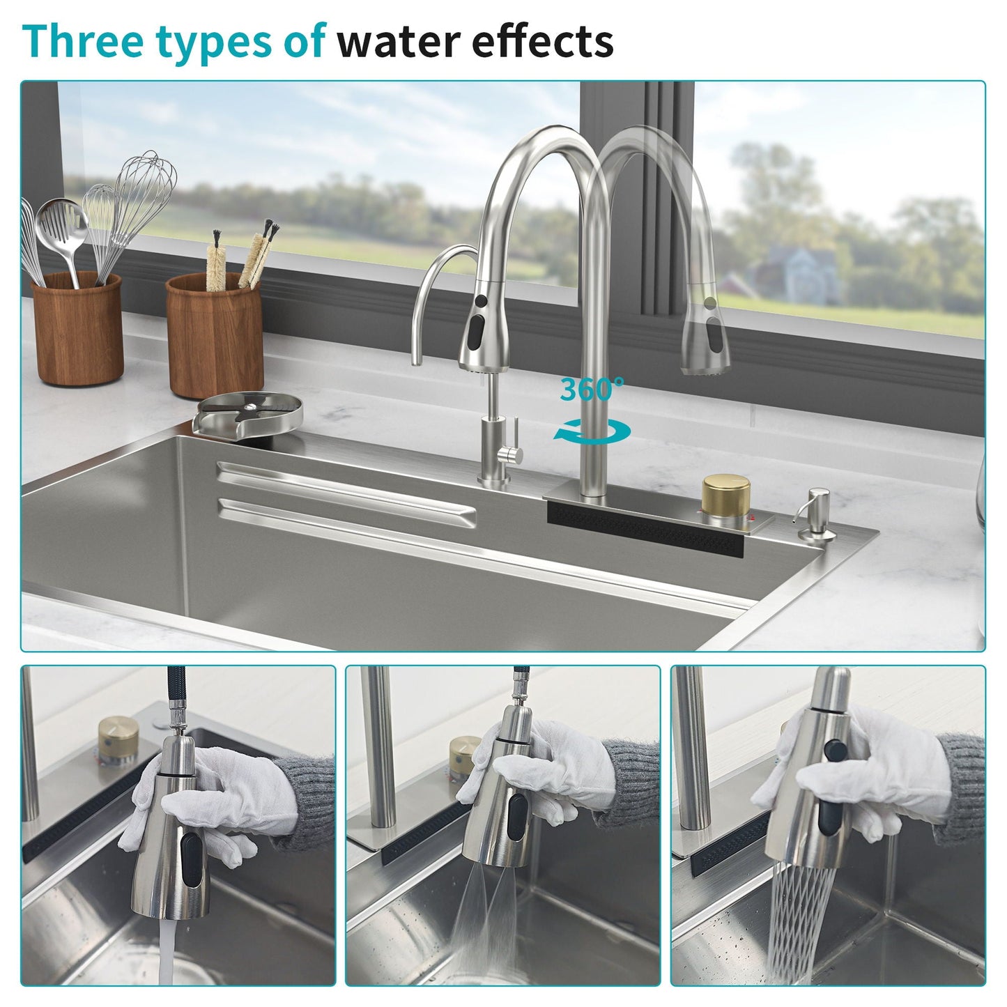 Brushed Waterfall Sink with Faucet and Cup Washer