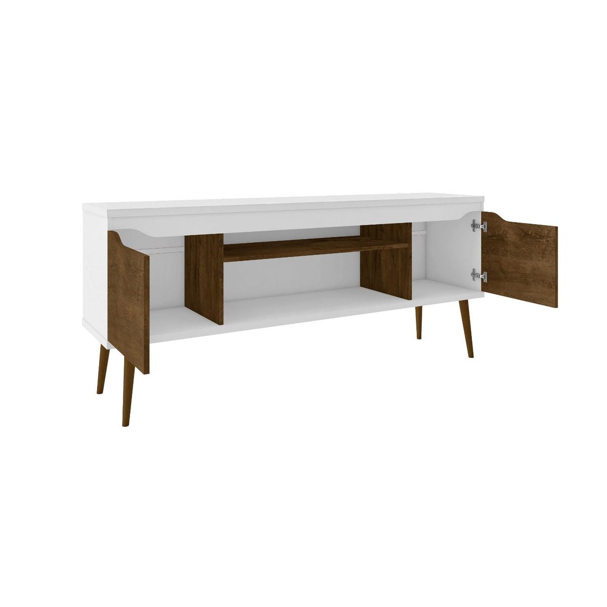 Mid-Century Modern TV Stand HouseOfZazla, white body with walnut doors, tapered legs on Tampa Home & Garden Store