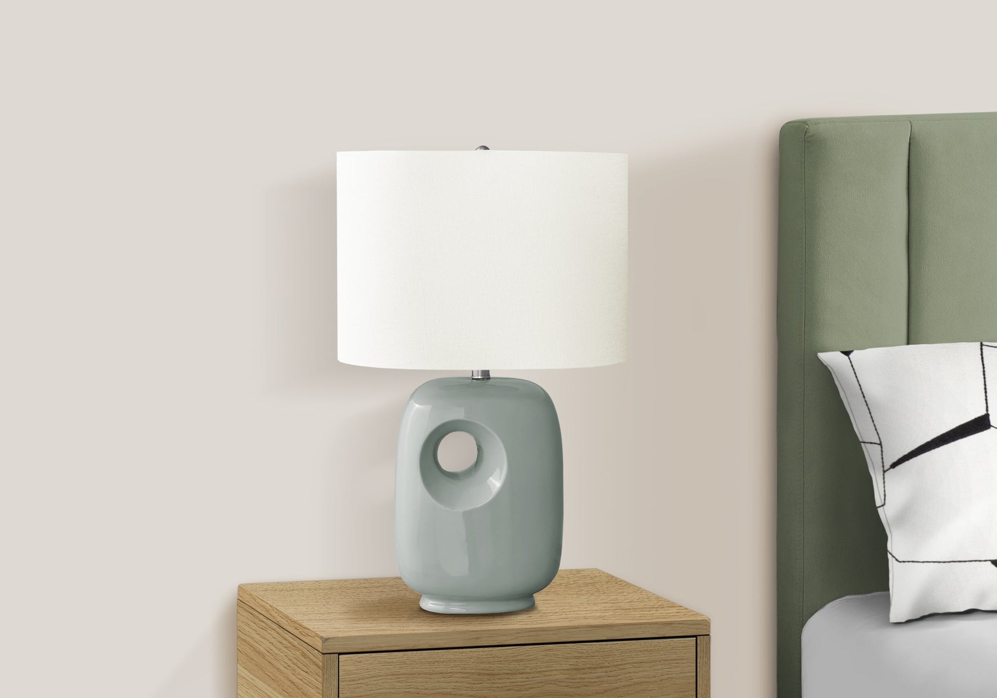 HouseOfZazla contemporary green ceramic table lamp with ivory shade on wooden nightstand on Tampa Home & Garden Store