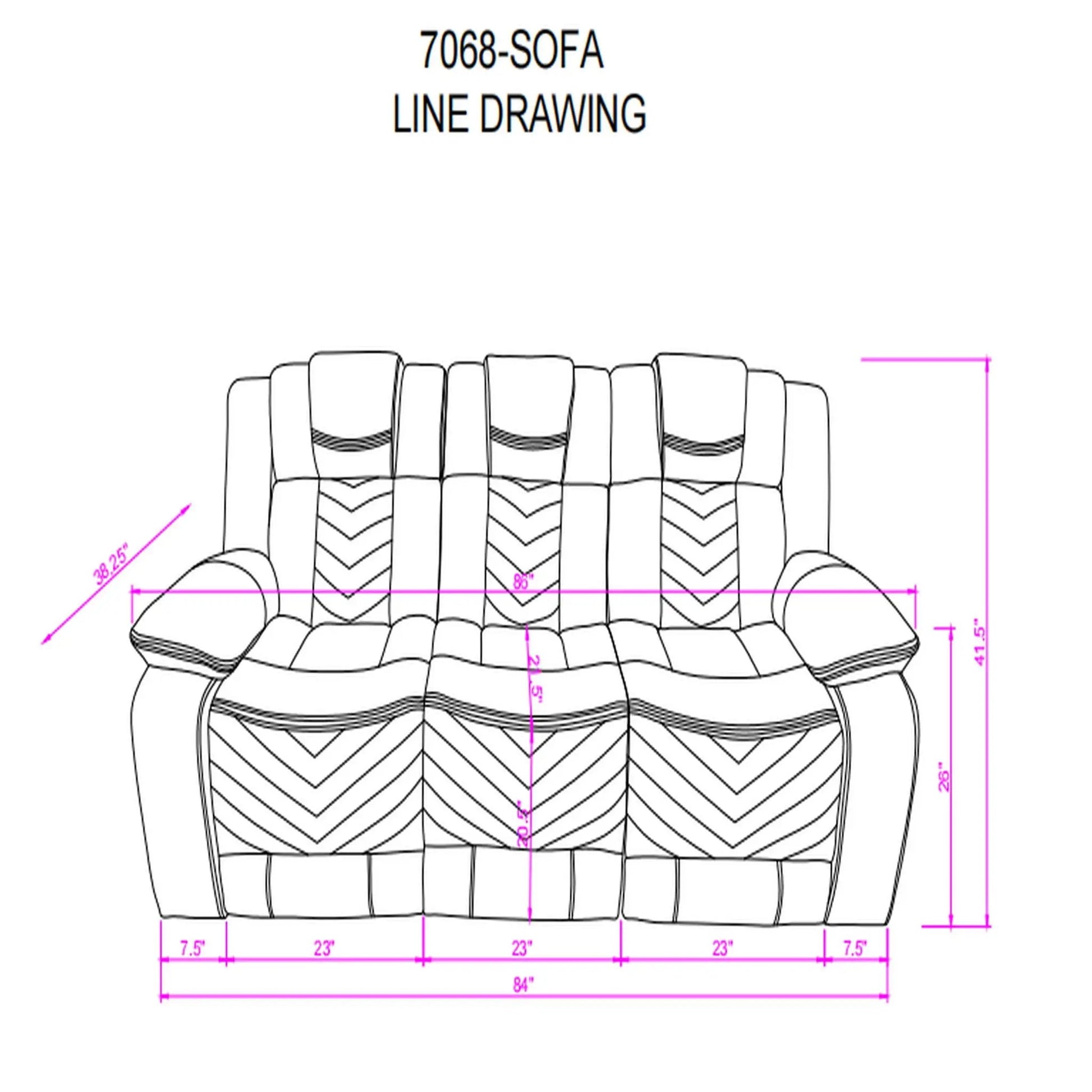 Raize 10 power reclining sofa gray by Unique Piece Furniture line drawing with measurements on Tampa Home & Garden Store