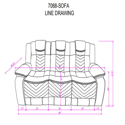 Raize 10 power reclining sofa gray by Unique Piece Furniture line drawing with measurements on Tampa Home & Garden Store