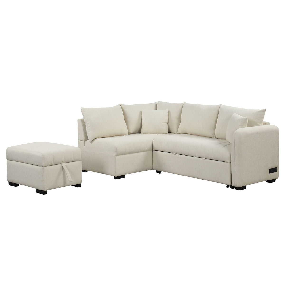 L-shaped sleeper sectional sofa with movable storage ottoman in cream fabric by HouseOfZazla on Tampa Home & Garden Store