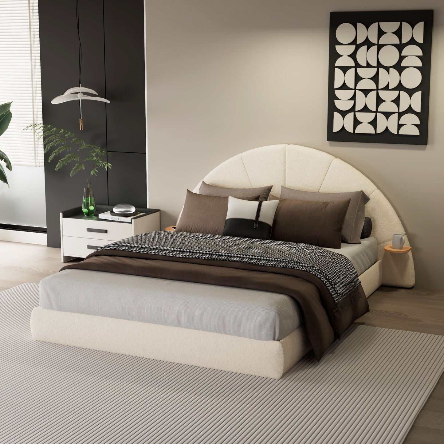Queen arched beige upholstered bed with built-in small table, floor-standing design HouseOfZazla on Tampa Home & Garden Store