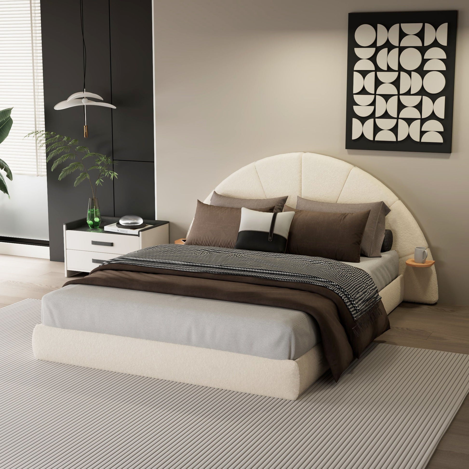 Queen arched beige upholstered bed with built-in small table, floor-standing design HouseOfZazla on Tampa Home & Garden Store
