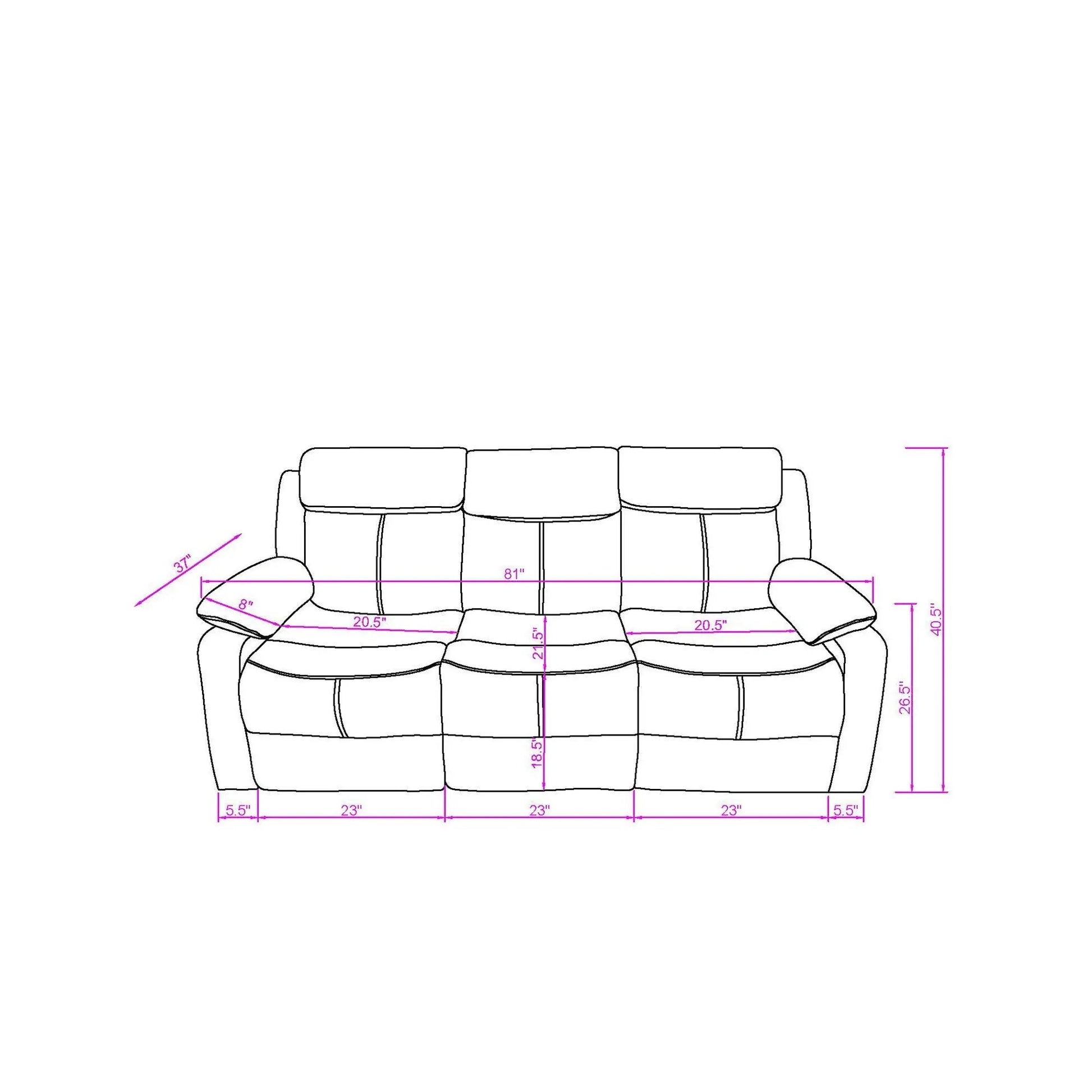 Blanche reclining sofa with LED lights blueprint by Unique Piece Furniture, pink dimensions on Tampa Home & Garden Store