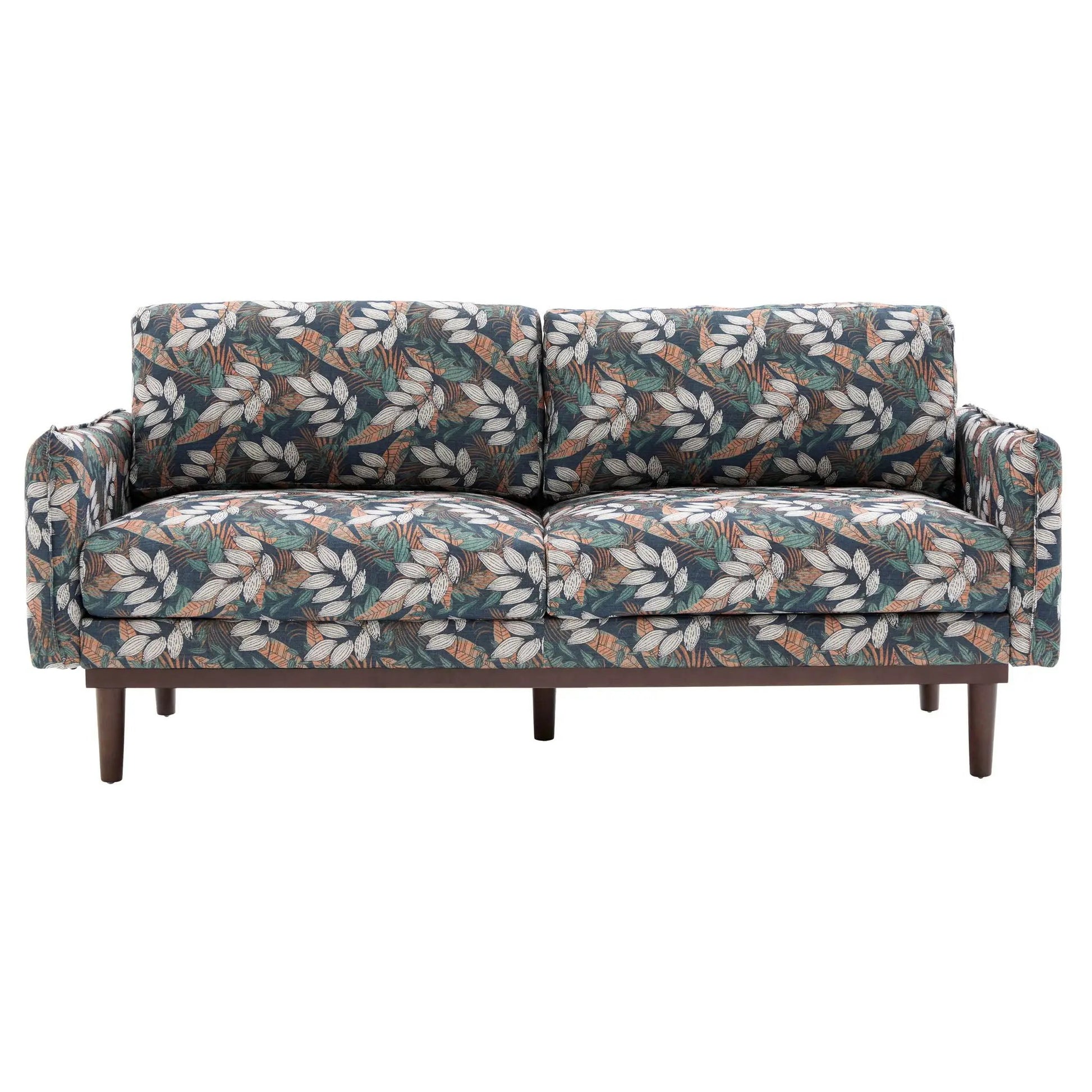 2 Seater Loveseat Sofa with leaf-patterned upholstery, teal and brown accents, wooden legs on Tampa Home & Garden Store