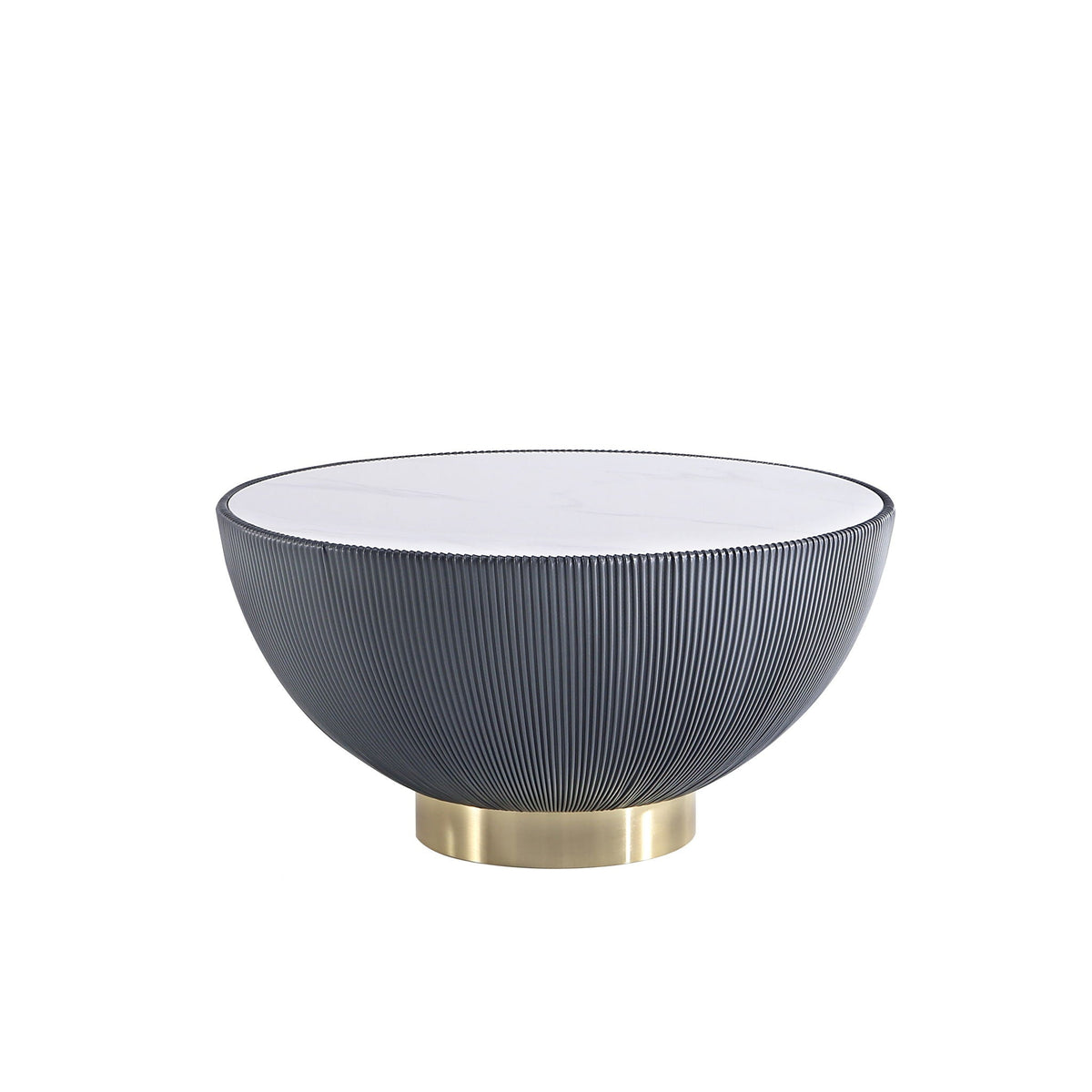 Anderson Coffee Table with white sintered stone top, navy ribbed base, brass pedestal on Tampa Home & Garden Store