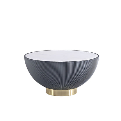 Anderson Coffee Table with white sintered stone top, navy ribbed base, brass pedestal on Tampa Home & Garden Store