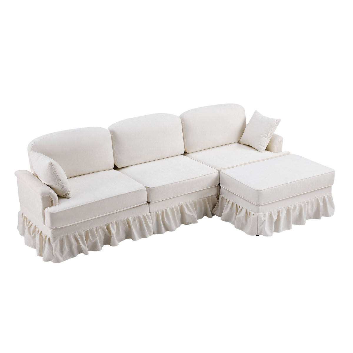 L-Shaped sectional sofa by HouseOfZazla in white with removable ruffled skirt and ottoman on Tampa Home & Garden Store