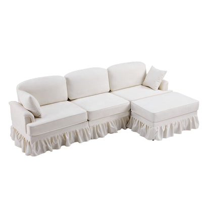 L-Shaped sectional sofa by HouseOfZazla in white with removable ruffled skirt and ottoman on Tampa Home & Garden Store