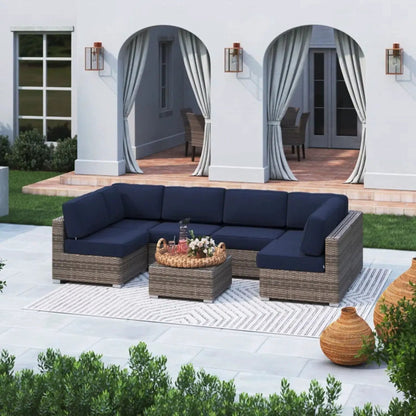 4-Piece Outdoor Seating Set with navy cushions in handcrafted wicker design on Tampa Home & Garden Store