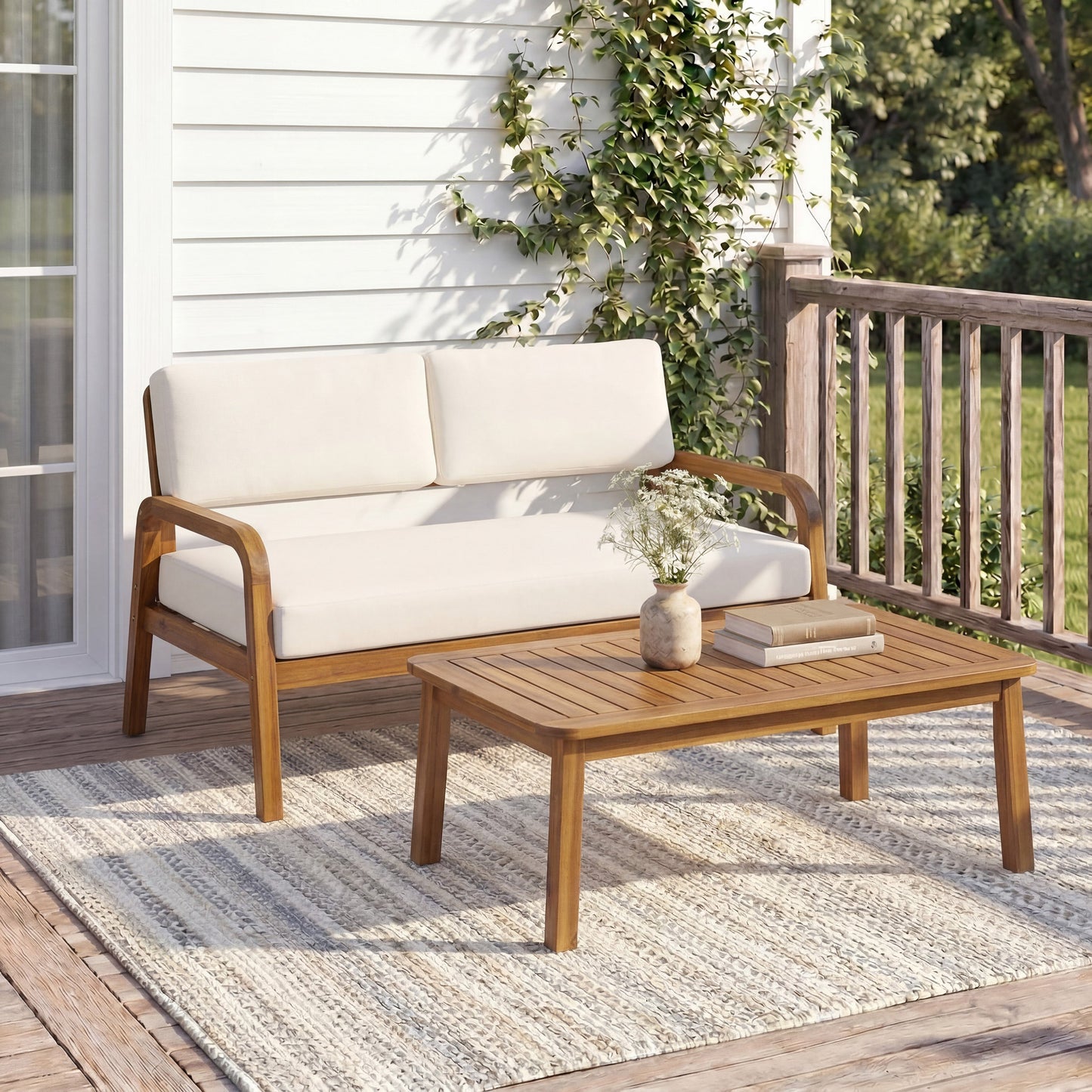 2-Piece outdoor teak sofa set with beige cushions by HouseOfZazla on a wooden deck on Tampa Home & Garden Store
