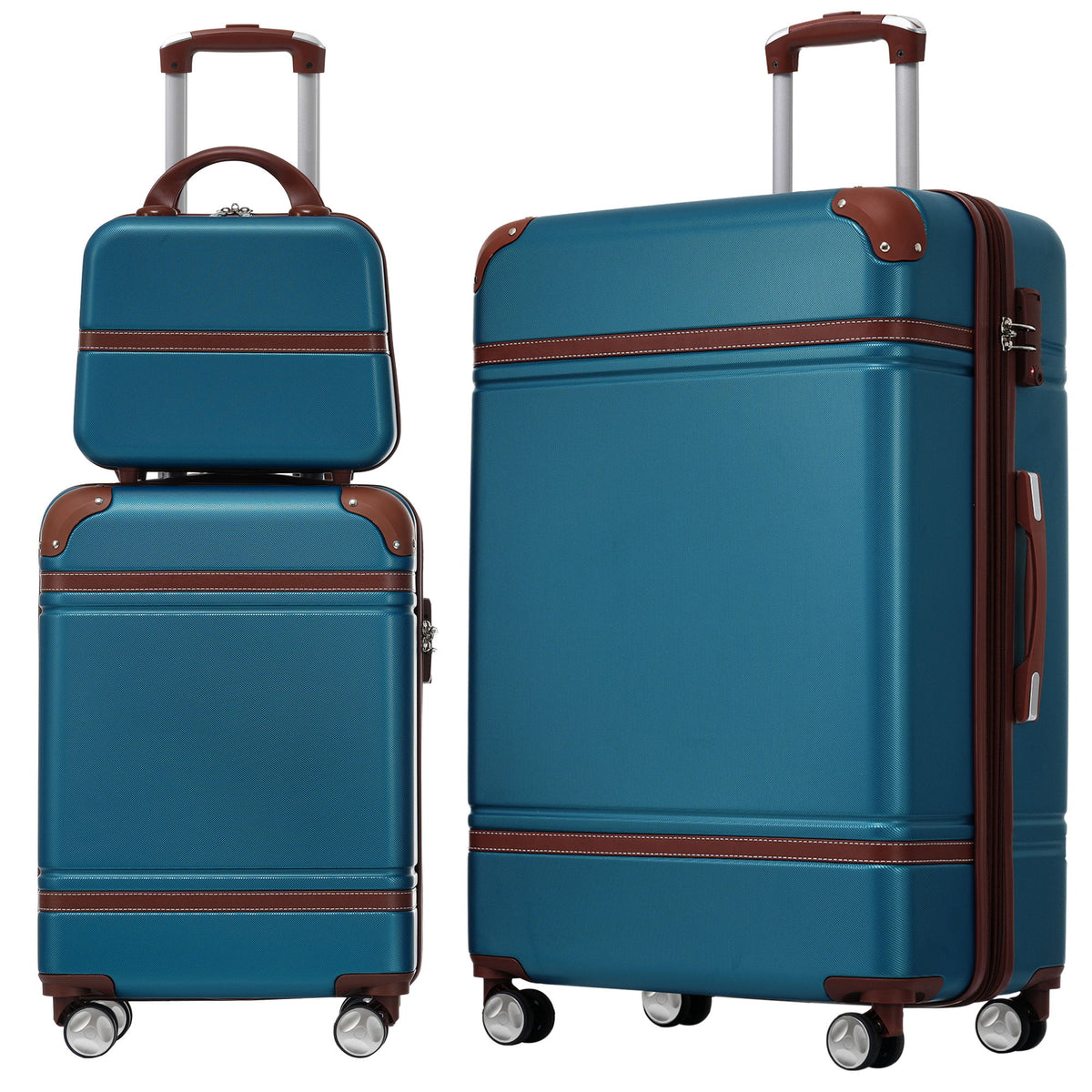 Hardside 3-piece luggage set (20in/28in) with cosmetic case in teal blue and brown trim, spinner wheels on Tampa Home & Garden Store