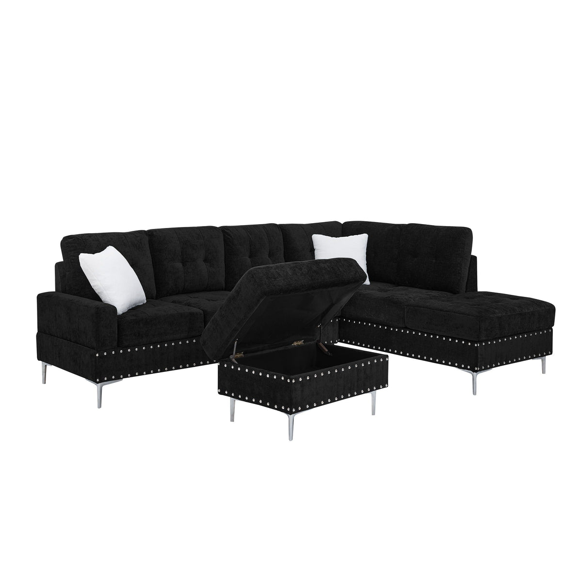 L-Shaped Sectional Sofa, Chaise And Storage Ottoman in black tufted fabric with 2 white pillows on Tampa Home & Garden Store