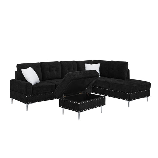 L-Shaped Sectional Sofa, Chaise And Storage Ottoman in black tufted fabric with 2 white pillows on Tampa Home & Garden Store
