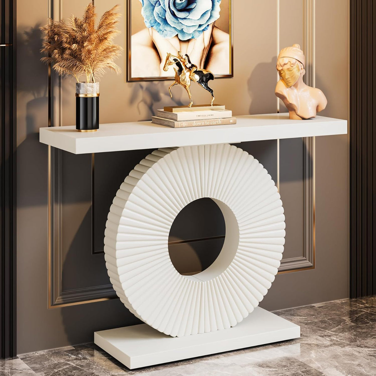 Console table with white ribbed circular base, HouseOfZazla, styled with dried grasses and books on Tampa Home & Garden Store on Tampa Home & Garden Store