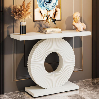 Console table with white ribbed circular base, HouseOfZazla, styled with dried grasses and books on Tampa Home & Garden Store on Tampa Home & Garden Store