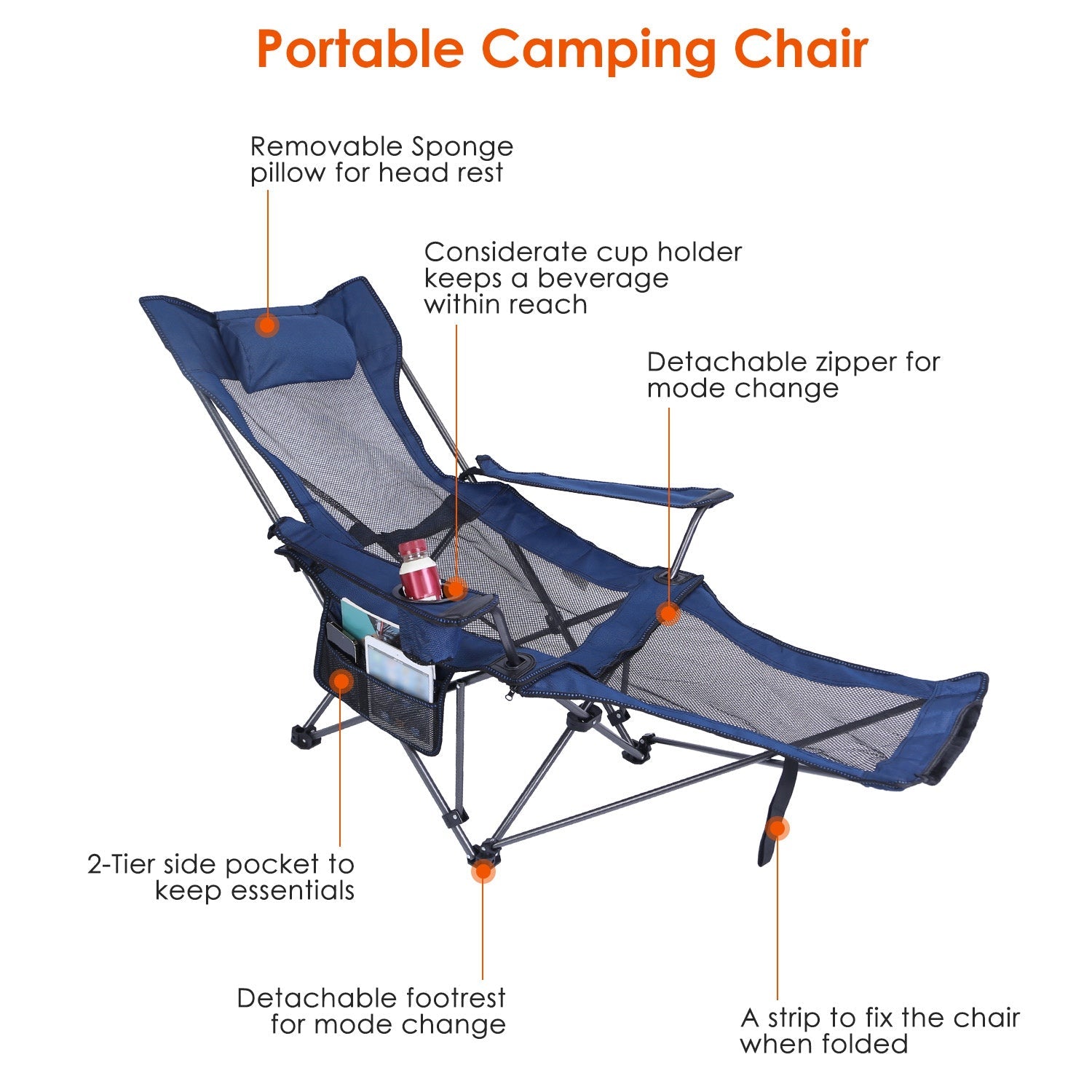 GemGear fold camping chair blue with reclining back and cup holder on Tampa Home & Garden Store
