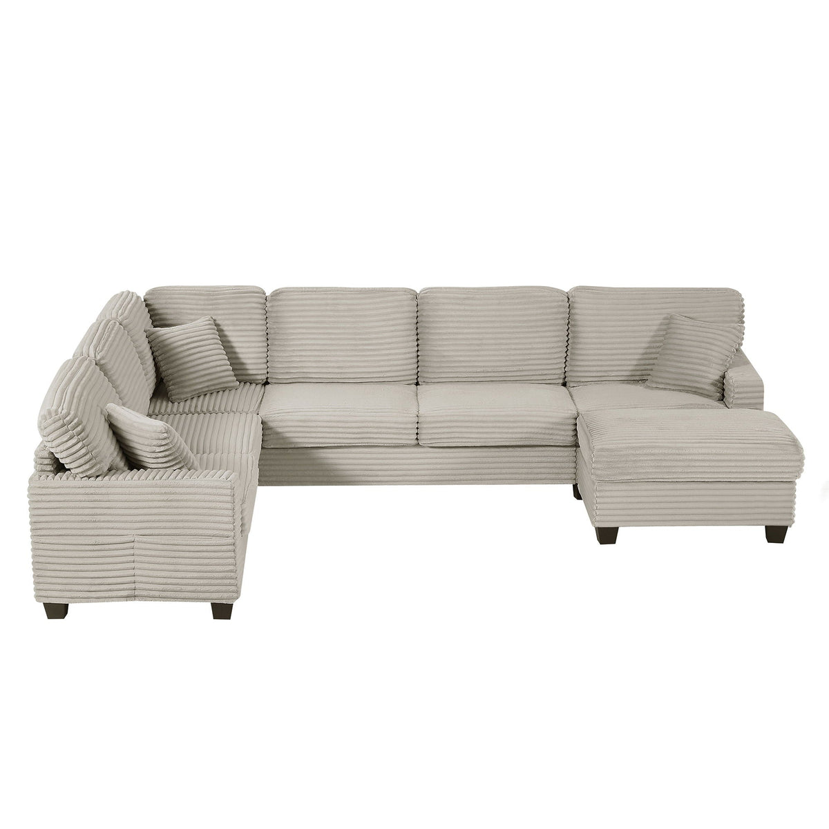 Upholstered U-shaped sofa with movable ottoman and pockets in beige ribbed fabric 2-piece set on Tampa Home & Garden Store