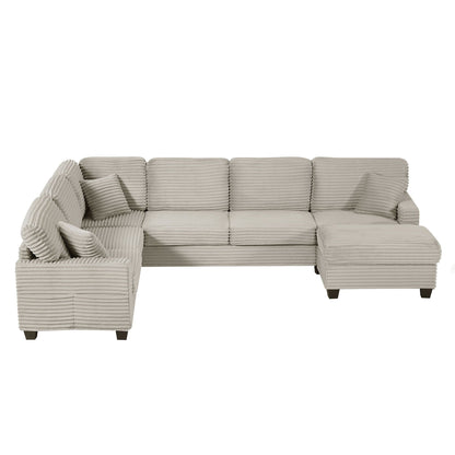 Upholstered U-shaped sofa with movable ottoman and pockets in beige ribbed fabric 2-piece set on Tampa Home & Garden Store