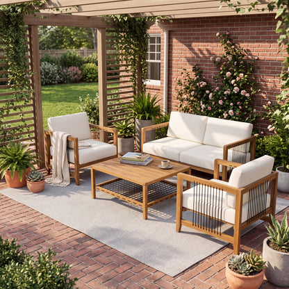 4-Piece Acacia Wood Outdoor Patio Sofa Set with white cushions by HouseOfZazla on Tampa Home & Garden Store