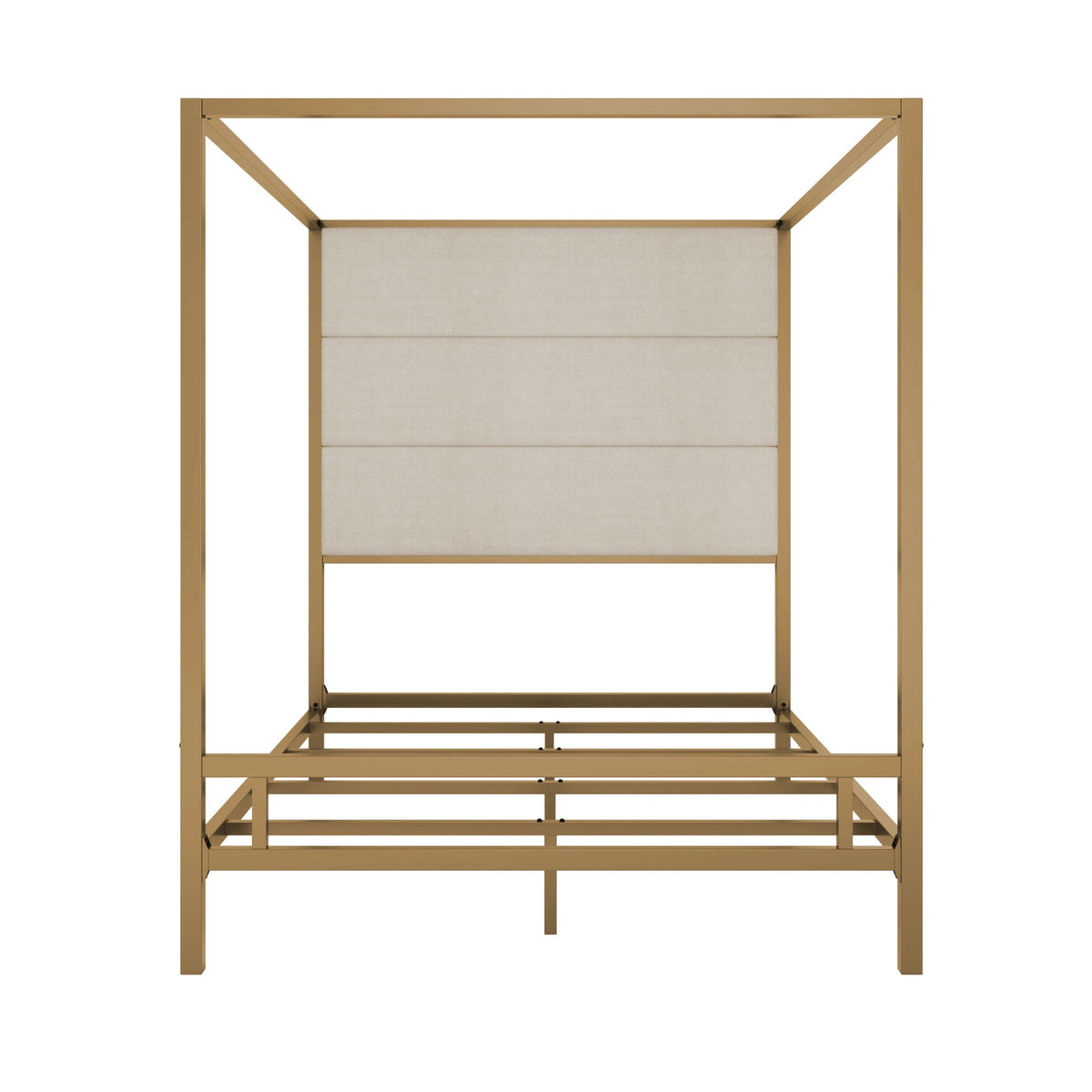 Canopy bed with gold four‑poster frame and beige upholstered headboard by HouseOfZazla on Tampa Home & Garden Store