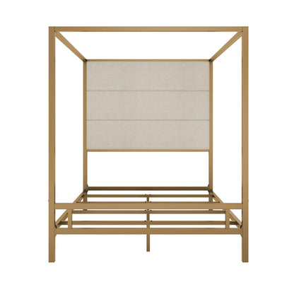 Canopy bed with gold four‑poster frame and beige upholstered headboard by HouseOfZazla on Tampa Home & Garden Store