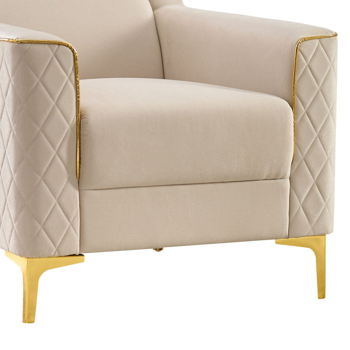 Beige upholstered armchair with diamond-quilted sides and gold-tone legs on Tampa Home & Garden Store