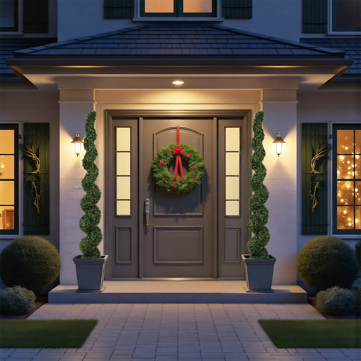 7FT Faux Boxwood Spiral Topiary Trees, two green spirals in gray planters by front door wreath on Tampa Home & Garden Store