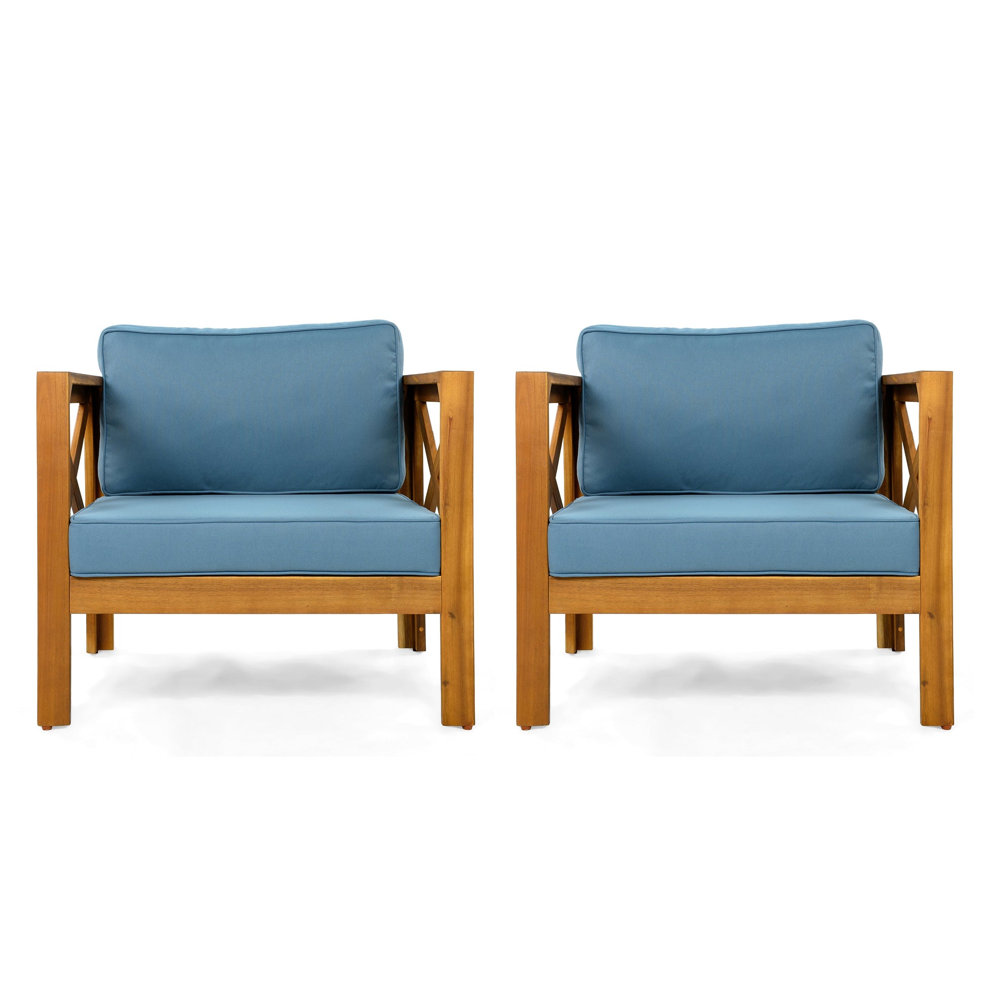 Outdoor Acacia Wood Club Armchairs with Cushions by HouseOfZazla, blue cushions, set of 2 on Tampa Home & Garden Store
