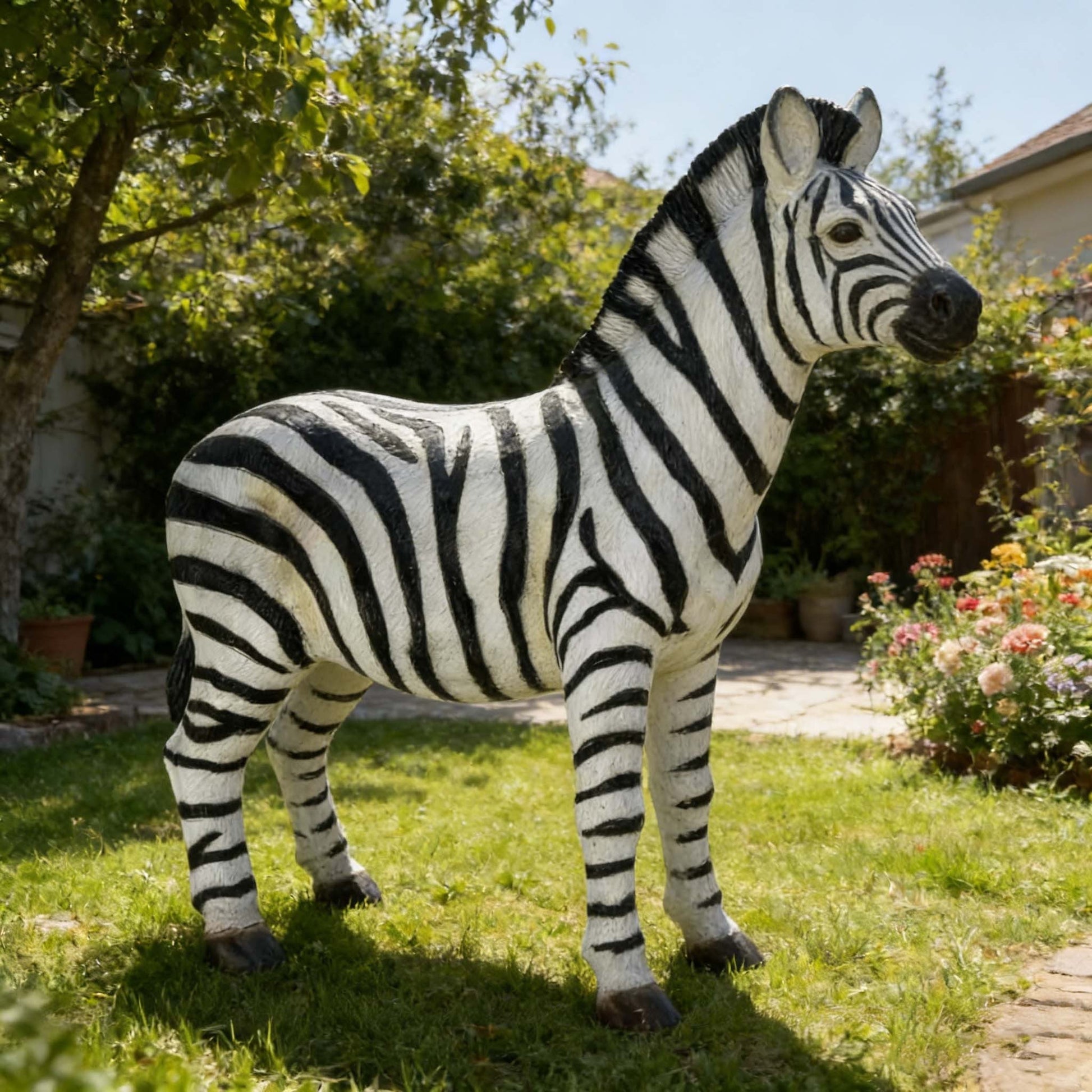 Simulated zebra garden statue in black and white stripes, HouseOfZazla on Tampa Home & Garden Store