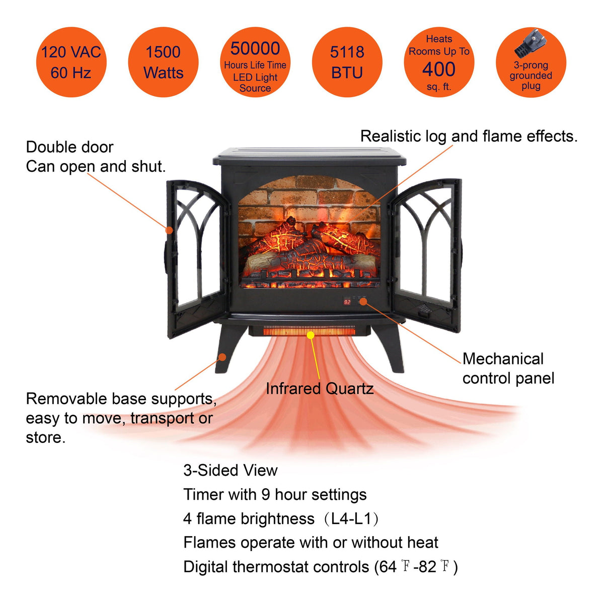 3D Flame Electric Infrared Quartz Fireplace Stove Antique Black remote control HouseOfZazla on Tampa Home & Garden Store