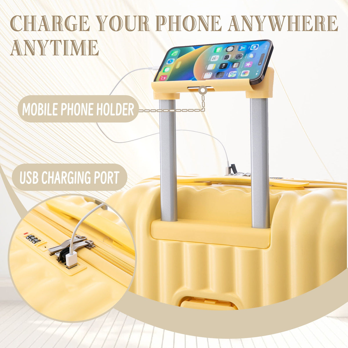 Mobile phone holder with USB charging port mounted on yellow spinner luggage HouseOfZazla 3-piece set on Tampa Home & Garden Store