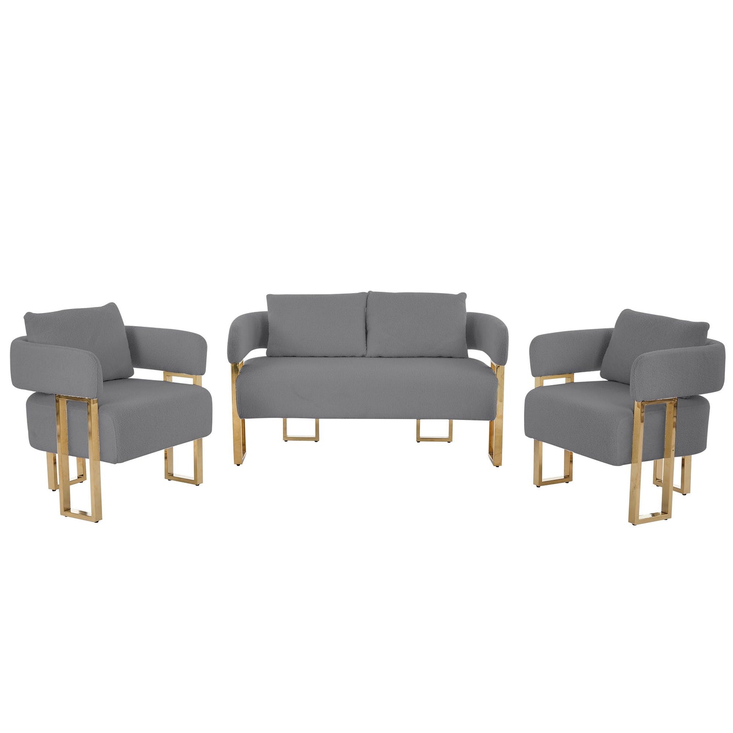 Decorative upholstered arm chairs set with gray fabric and gold legs by Unique Piece Furniture on Tampa Home & Garden Store