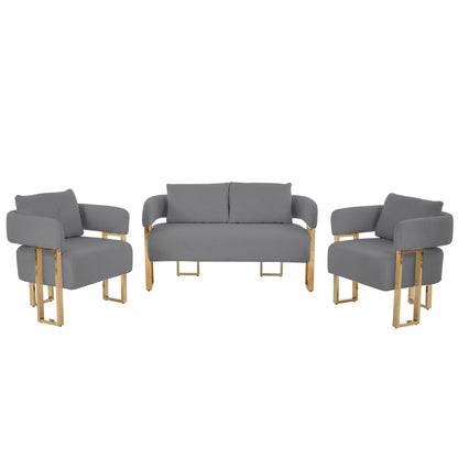 Decorative upholstered arm chairs set with gray fabric and gold legs by Unique Piece Furniture on Tampa Home & Garden Store