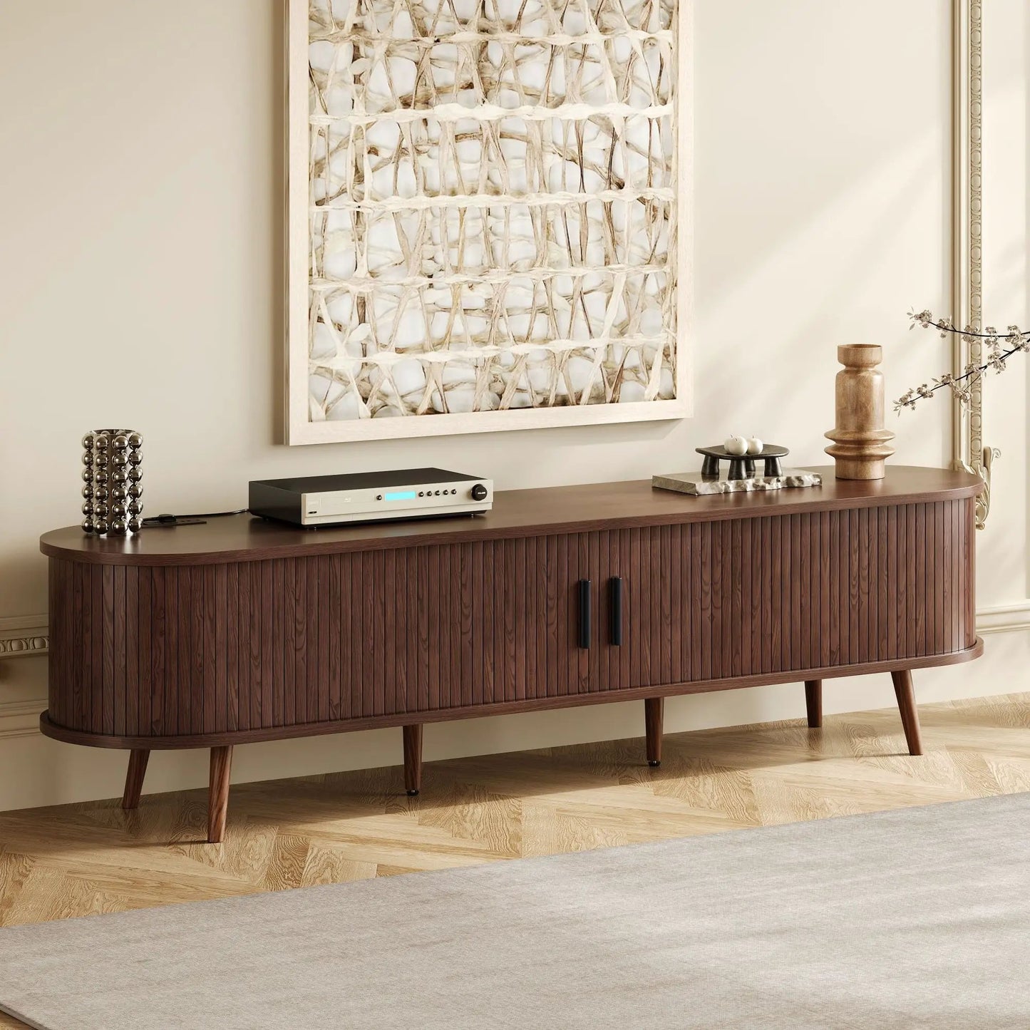 Dark brown TV stand with tambour doors, drawers and built-in outlet for 70-inch TV on Tampa Home & Garden Store